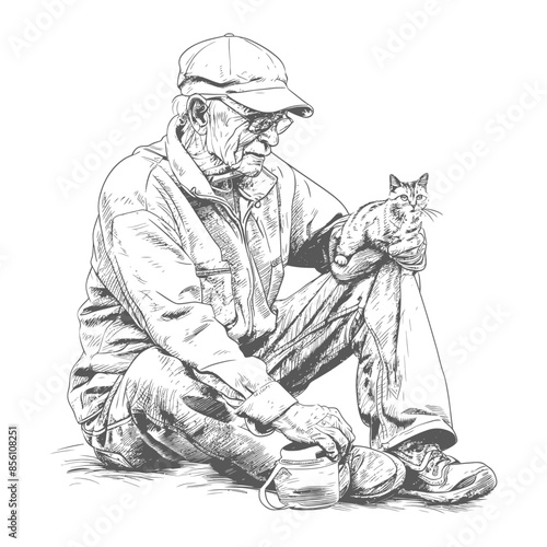 Elderly Man with Cap & Glasses Holding Kitten, Coffee Mug at His Feet: Black & White Sketch.