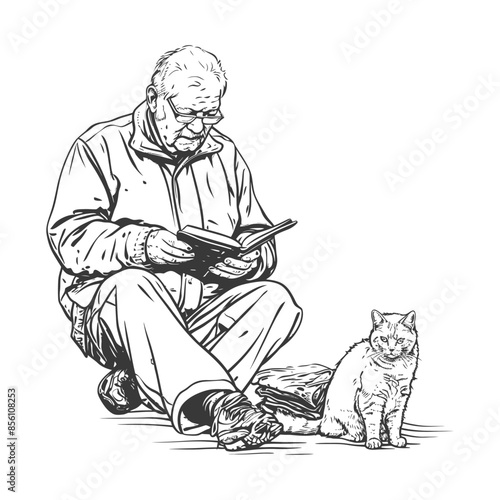 Elderly Man Reading, Sitting with Cat, Detailed Line Art Illustration, Isolated on White.