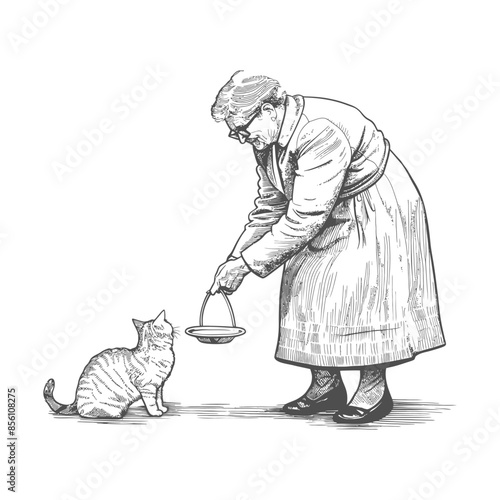 Ink Drawing: Elderly Woman Offering Milk to a Striped Cat, Simple Kindness.