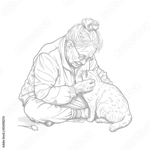 Elderly Woman's Tender Embrace: Sketch of Love for Cat Companion