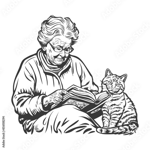 Ink Drawing: Grandma Reading Book with Striped Cat Companion
