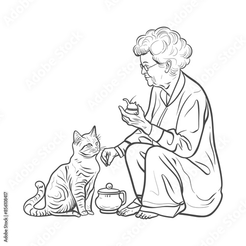 Grandma's Tea Time: Hand-Drawn Elderly Woman Sharing Tea with Cat, Line Art.