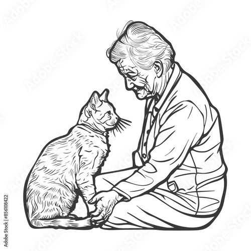 Elderly Woman and Cat: Line Art, Connection, Companionship.