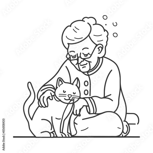 Line Art: Serene Grandmother Petting Cat, Warmth & Contentment, Simplified Icon