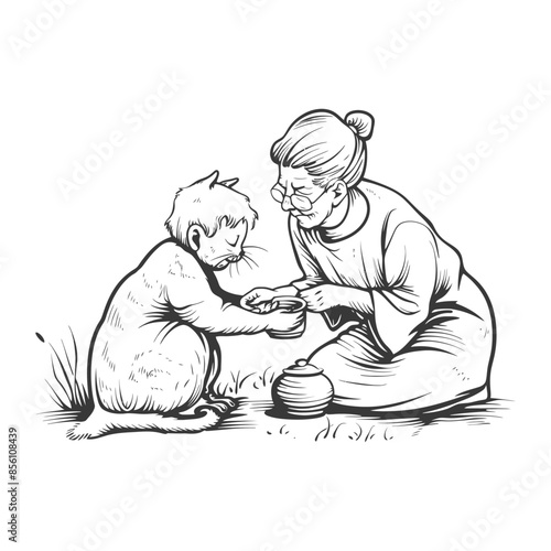 Elderly woman shares tea with anthropomorphic cat friend, illustration.