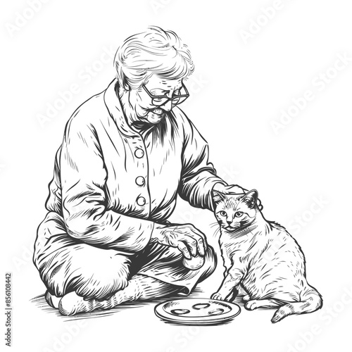 Ink Drawing: Elderly Woman Feeding Cat From Plate on Floor, Domestic Scene.