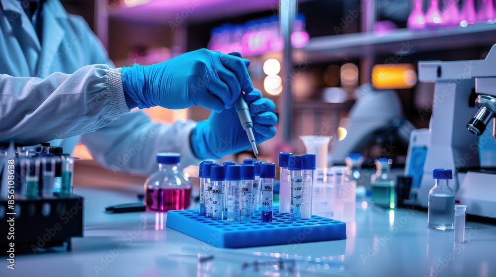 A scientist is working in a lab with a blue tray of test tubes A scientist is working in a lab with a blue tray of test tubes
