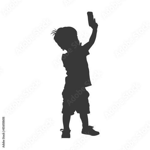 Silhouette: Little Boy Taking a Selfie, Upward Angle, Mobile Phone, Modern Childhood.