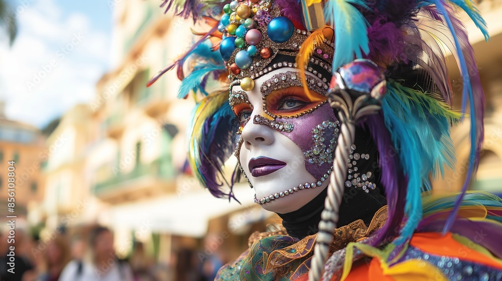 Close-up of a person in a vibrant costume and mask with feathers at a festival. Close-up of a person in a vibrant costume and mask with feathers at a festival.