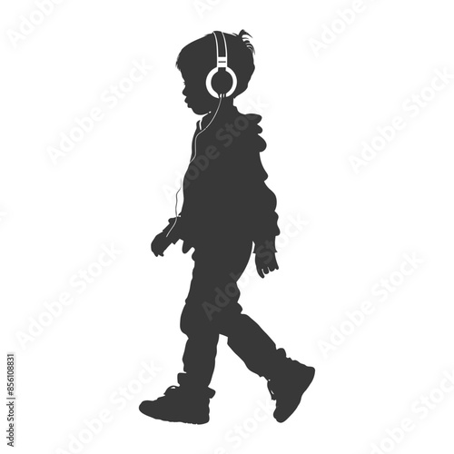 silhouette little boy walking listening to headset black color only