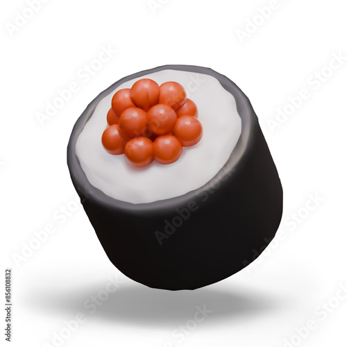 Realistic sushi roll with rice, cream cheese and red caviar. Portion dish of Japanese cuisine