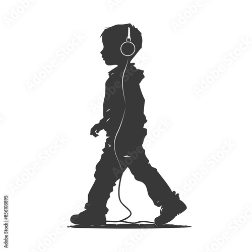 silhouette little boy walking listening to headset black color only