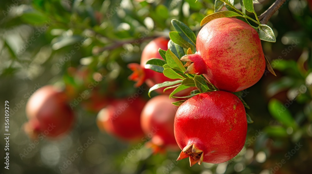 Ripe pomegranates hanging from a tree branch in a lush garden with a bokeh effect in the background. Ripe pomegranates hanging from a tree branch in a lush garden with a bokeh effect in the background.