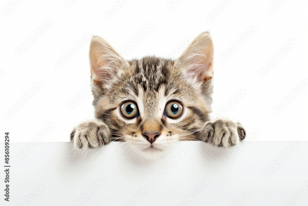 peeking kitten over a white blank drawing board, white background peeking kitten over a white blank drawing board, white background