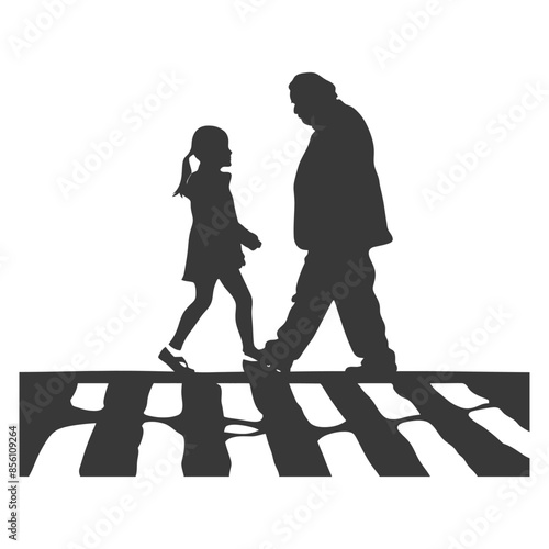 Silhouette: Father & Daughter Crosswalk Journey, Safety First, Black & White Graphic.