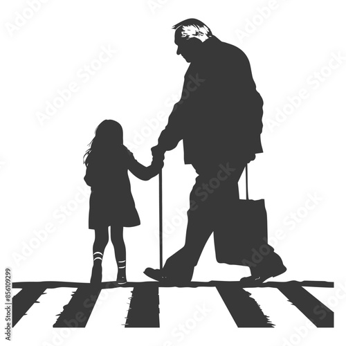 Silhouette of Grandfather and Granddaughter Crossing Street: Generational Connection, Zebra Stripes, Cane.