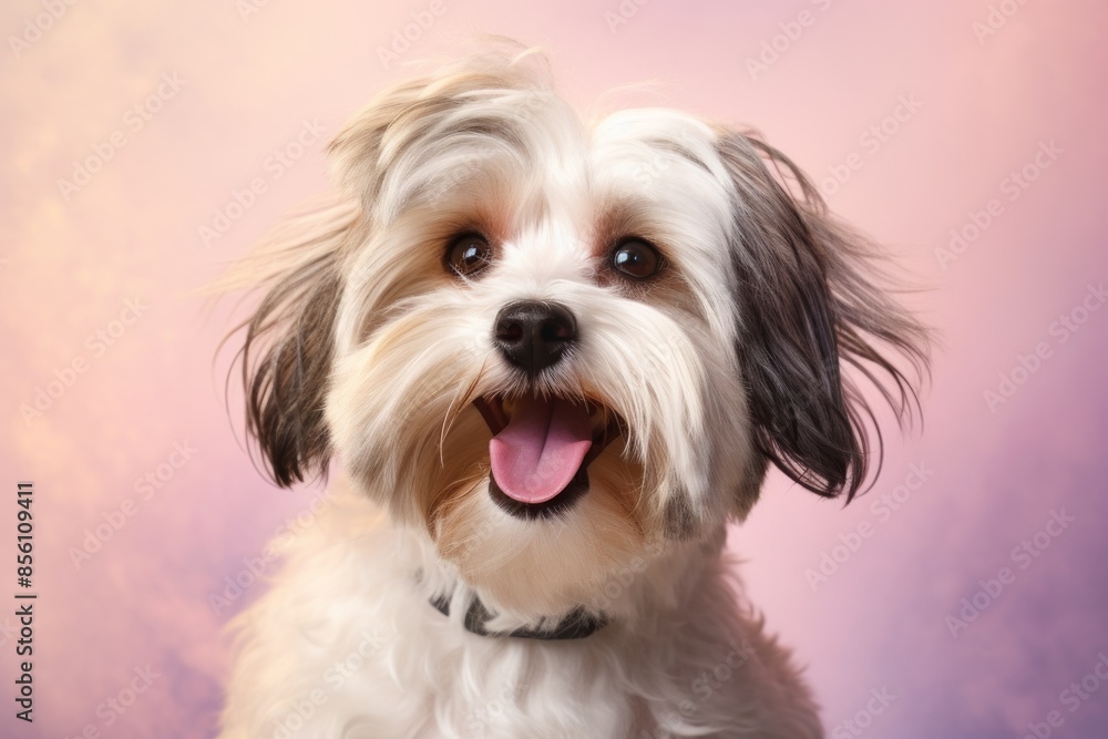 Portrait of a happy lowchen dog isolated on pastel or soft colors background Portrait of a happy lowchen dog isolated on pastel or soft colors background