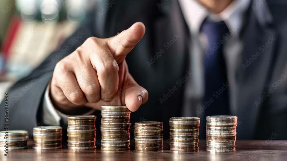 A person in a suit pointing at stacked coins, symbolizing financial growth and progress.