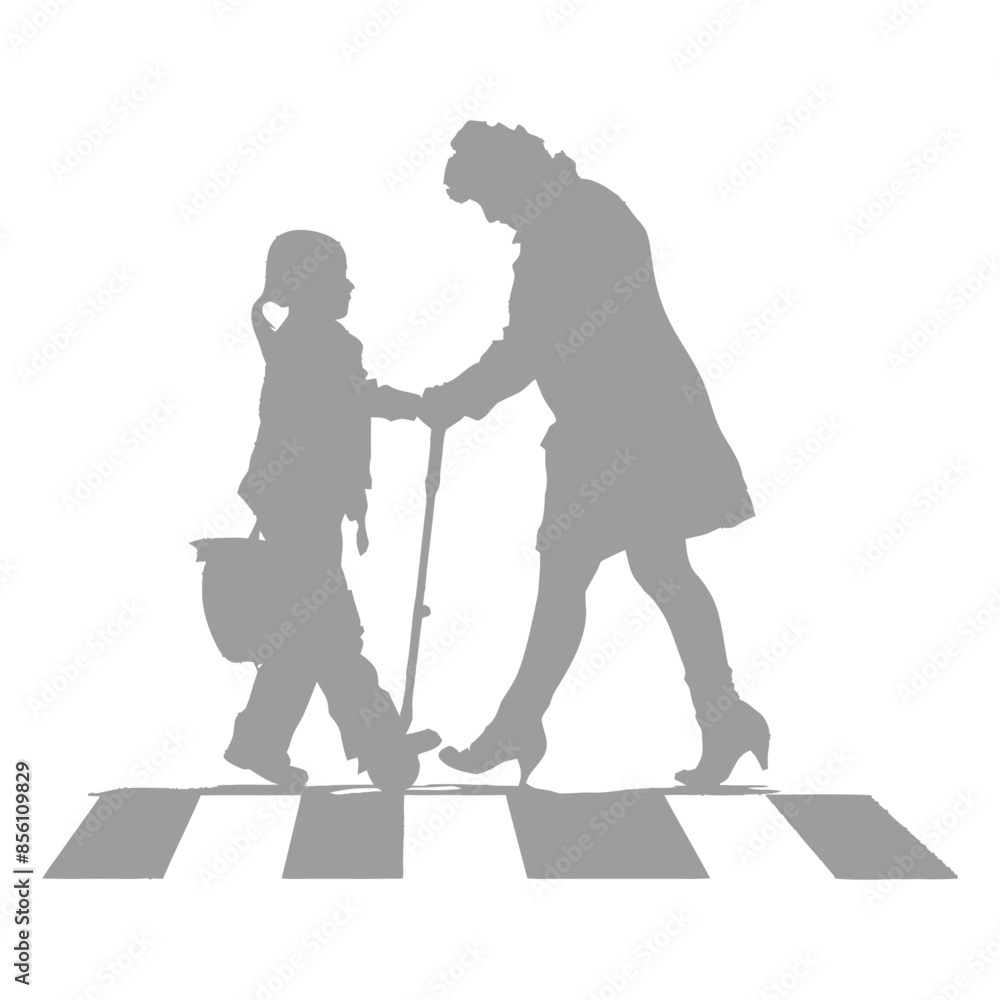 silhouette little girl helps the elderly woman cross the street smartphone black color only silhouette little girl helps the elderly woman cross the street smartphone black color only