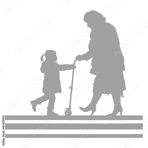 silhouette little girl helps the elderly woman cross the street smartphone black color only