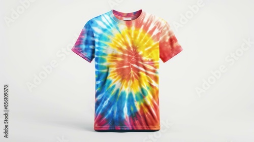 A colorful tie-dye t-shirt with a vibrant sunburst pattern.
