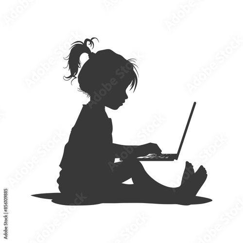 Silhouette: Little Girl Typing on Laptop, Barefoot, Isolated on White, Digital Learning.