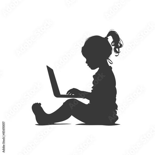 Silhouette of a Little Girl with Ponytail Using Laptop, Seated on Floor.