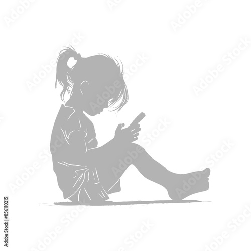 Grey silhouette of a young girl absorbed in a smartphone while sitting.