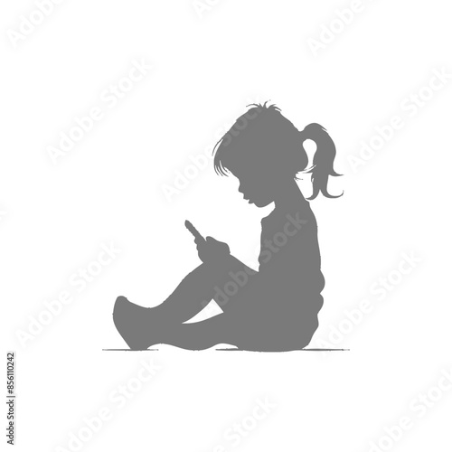 Silhouette of a Little Girl Lost in Mobile Screen, Child's Digital Absorption.