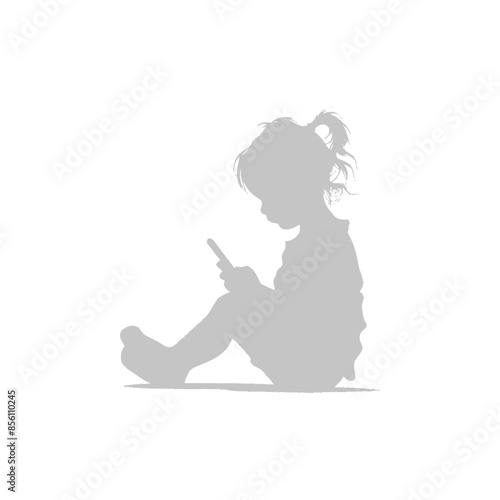 Silhouette of Child Seated, Engrossed in Mobile Phone Device.