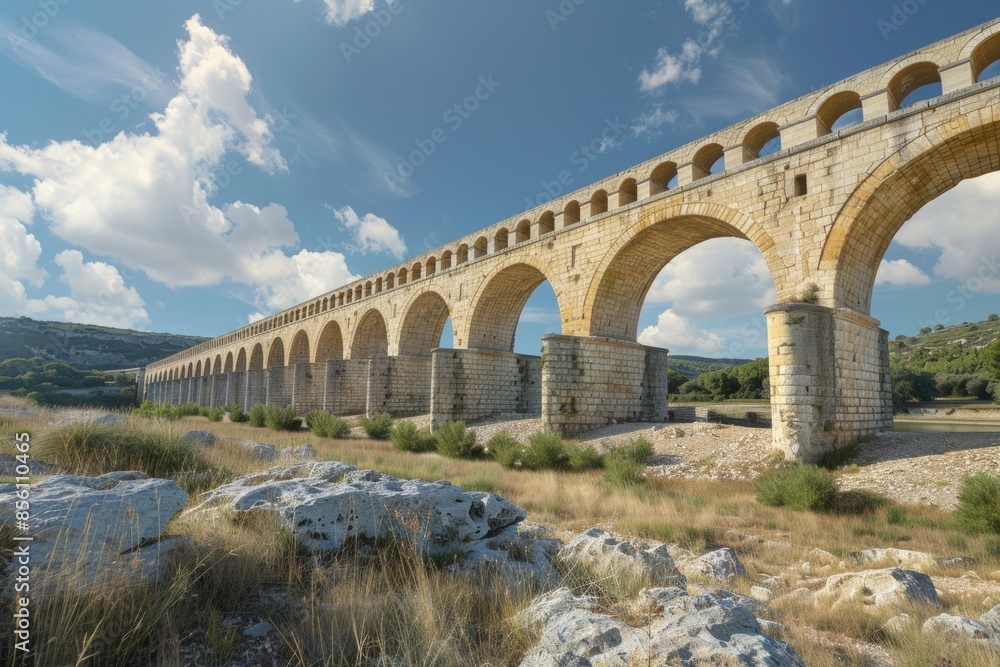 A serene scene of a stone bridge spanning a river, set against a blue sky A serene scene of a stone bridge spanning a river, set against a blue sky