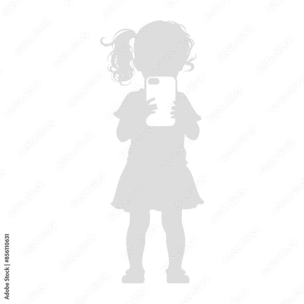 silhouette little girl shows a blank white screen smartphone or tablet silhouette little girl shows a blank white screen smartphone or tablet