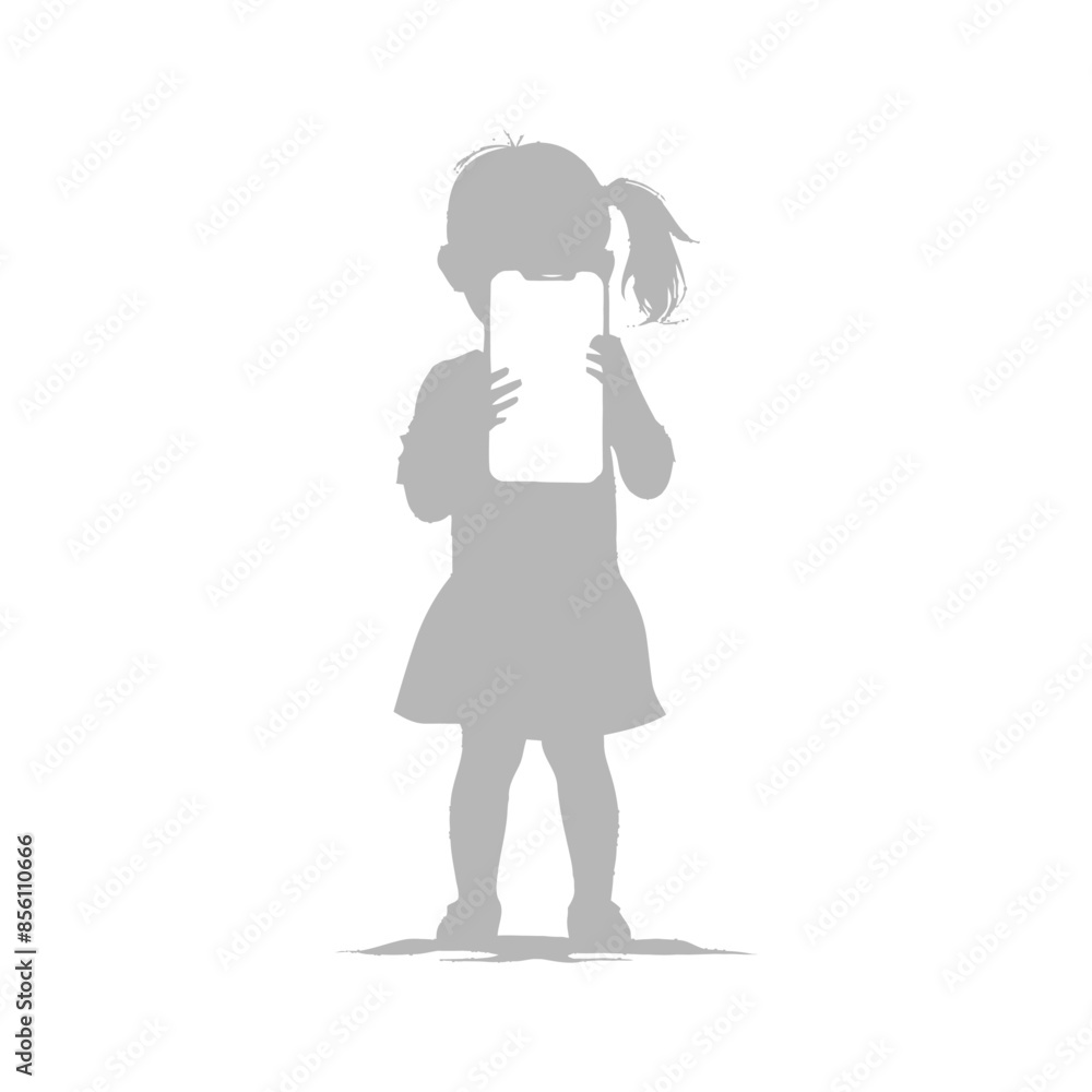 silhouette little girl shows a blank white screen smartphone or tablet silhouette little girl shows a blank white screen smartphone or tablet