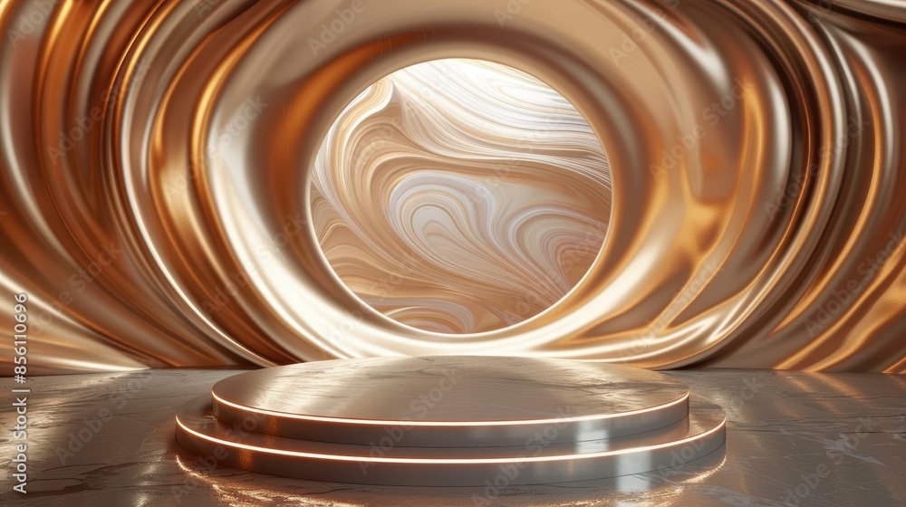 A 3D render of a luxurious podium set against a backdrop of swirling, metallic textures. A 3D render of a luxurious podium set against a backdrop of swirling, metallic textures.