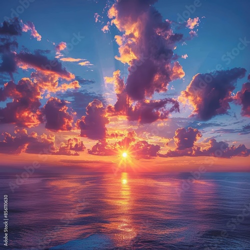 A stunning view of a sunset over the ocean, with vibrant colors illuminating the clouds and water.