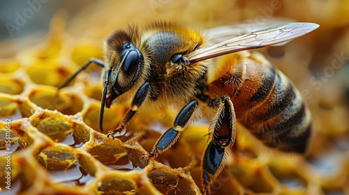 A close-up image of a bee on a honeycomb, highlighting the intricate details of the bee and its environment.