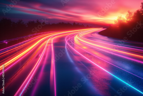Dynamic neon lines with vibrant, glowing trails and visual effects, photo