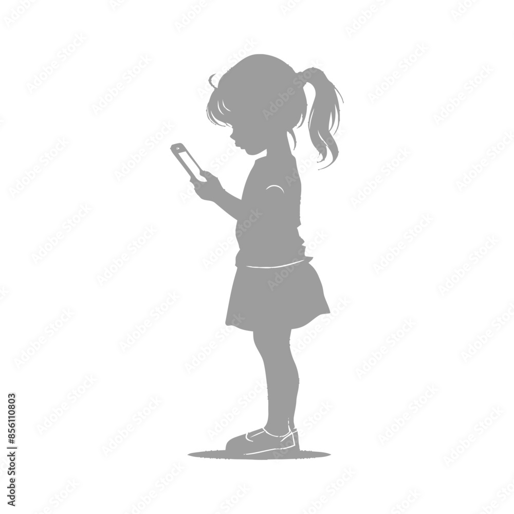 silhouette little girl shows a blank white screen smartphone or tablet silhouette little girl shows a blank white screen smartphone or tablet