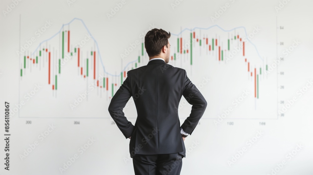 Back view of standing businessman looking stock market graph on white background Back view of standing businessman looking stock market graph on white background