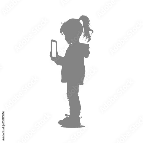 Silhouette of a young girl with a ponytail absorbed in a smartphone, isolated.