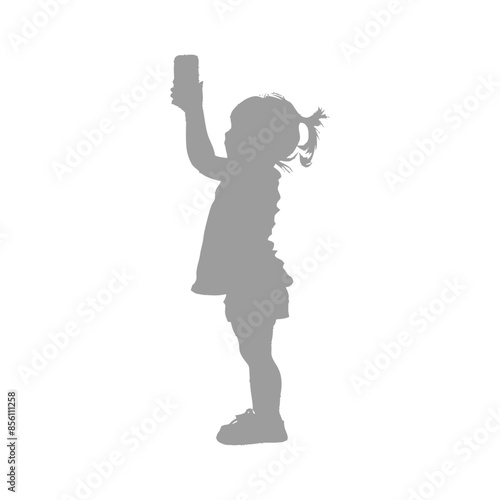 Silhouette of Young Girl with Ponytails Holding Up a Smartphone.