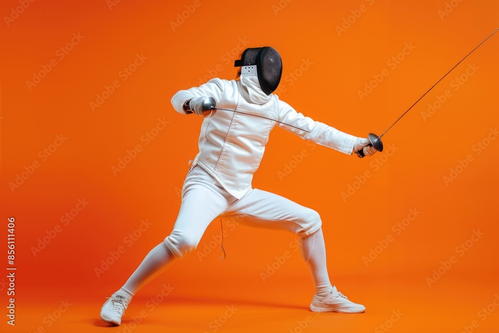 A man wearing a fencing suit holds a sword, ideal for illustrations related to sports, fashion, or medieval themes A man wearing a fencing suit holds a sword, ideal for illustrations related to sports, fashion, or medieval themes