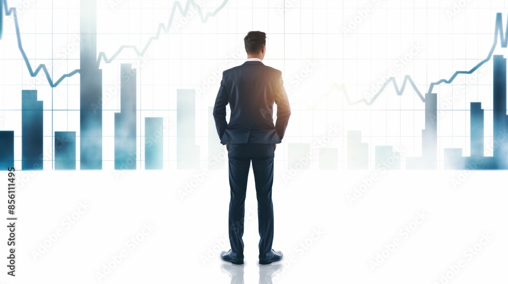 Back view of standing businessman looking stock market graph on white background Back view of standing businessman looking stock market graph on white background