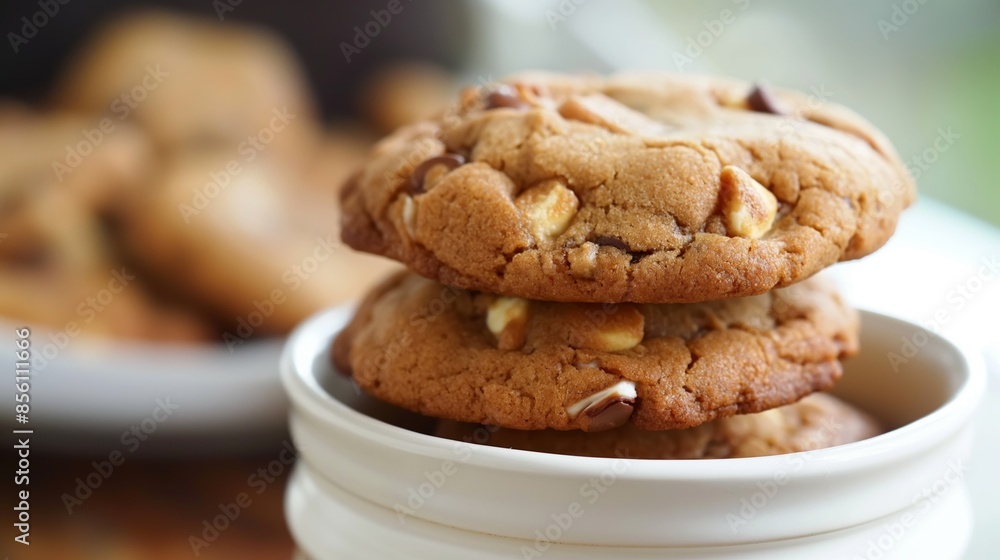 Stacked homemade cookies with chocolate chips on a white jar. Stacked homemade cookies with chocolate chips on a white jar.