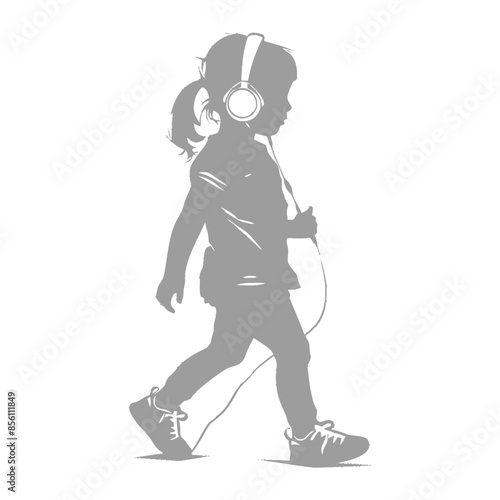 Silhouetted Girl Walking with Headphones, Music, Isolated.