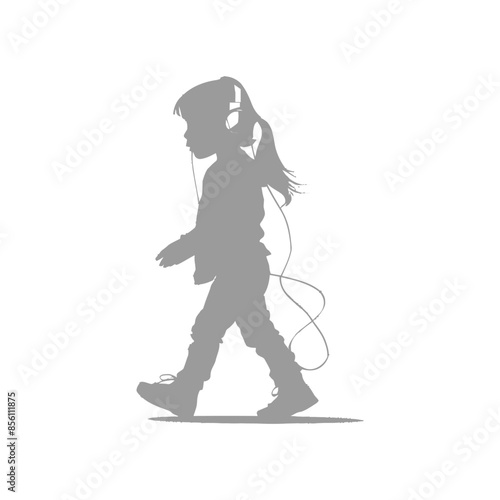 Silhouette: Girl in headphones walking, absorbed in music, white background.