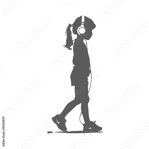 Silhouette of a girl with headphones walking alone, isolated on white.