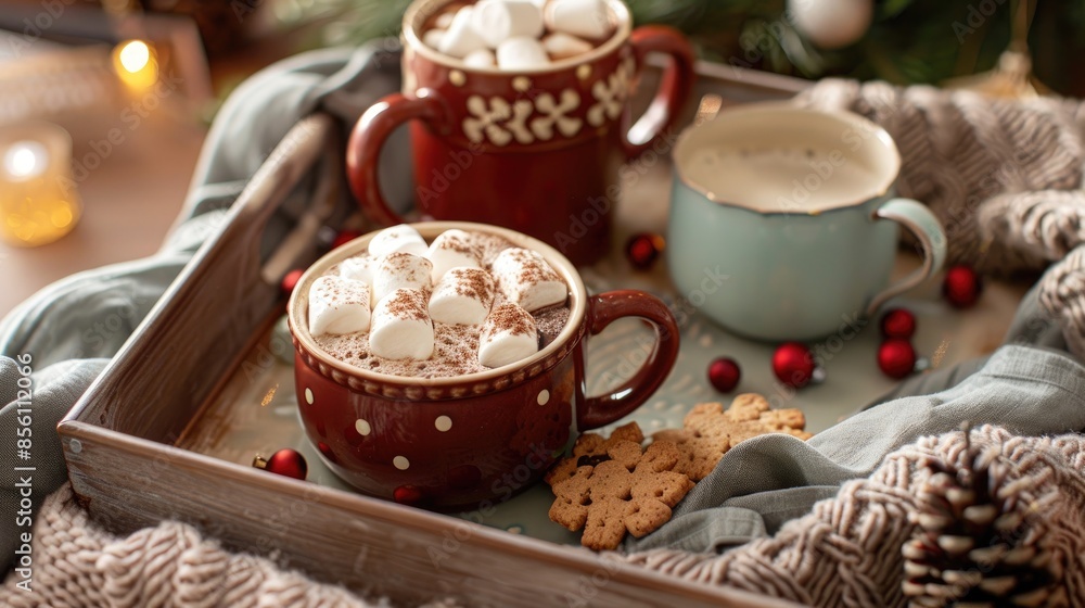 Christmas themed tray with hot cocoa marshmallow and a cookie Christmas themed tray with hot cocoa marshmallow and a cookie