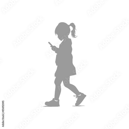 Girl silhouette walking, absorbed in phone, against white.