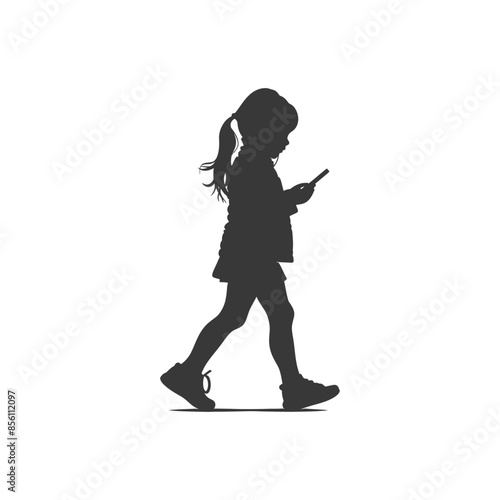 Girl Silhouette Walking, Focused on Smartphone Screen.